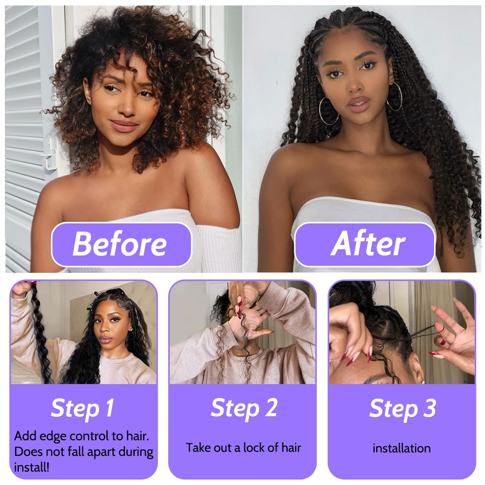 Boho Braids Human Hair 3 Bundles 110g 14″ Deep Wave Curly Knotless Bulk Hair