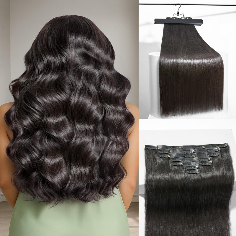 Frodio Clip Ins Hair Extensions Black Remy Real Human Hair Pu Seamless Silk