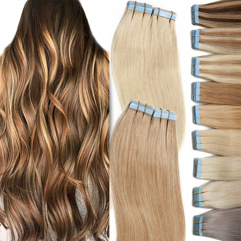 Tape in Real Human Hair Extensions Adhesive Skin Wefts Seamless Pre Taped Hair