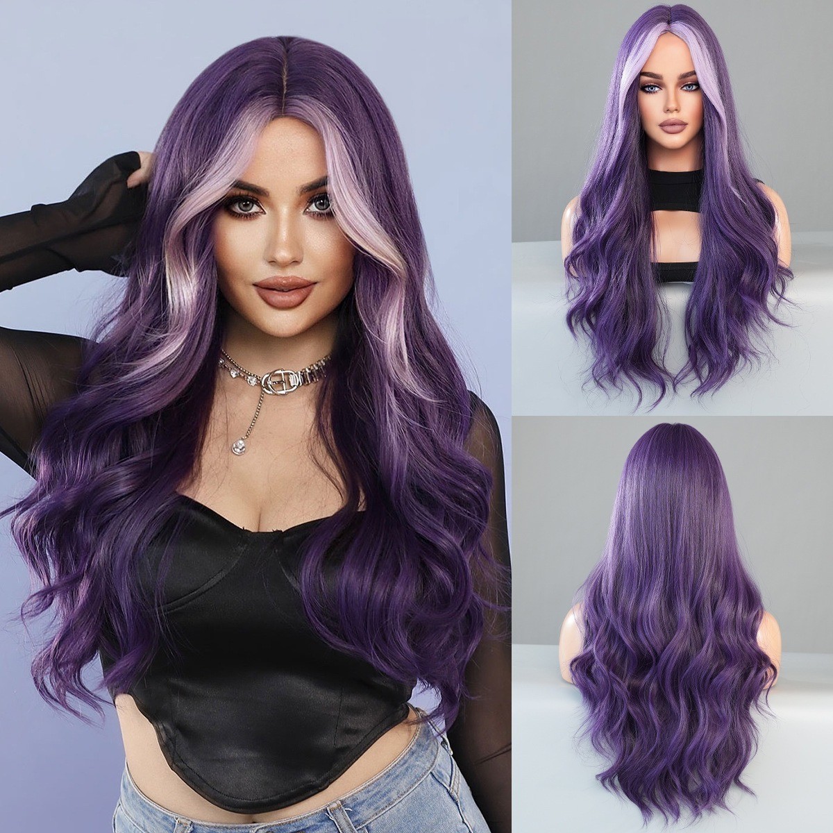 Women parted highlighted long curly hair wig with large waves artificial hair