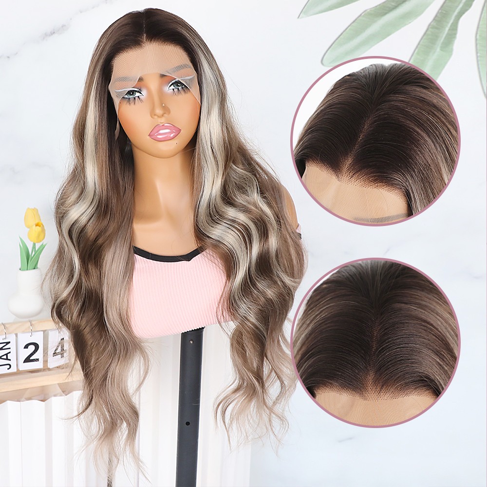 Natural Brown Blonde Mixed Color Lace Front Wigs Long Body Wave Hair Women Party