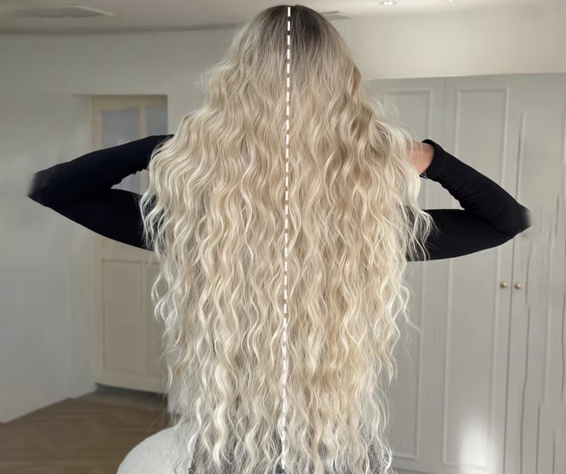 Long Wavy Blonde Synthetic Lace Front Wig w/ Dark Roots & Bangs, One Size