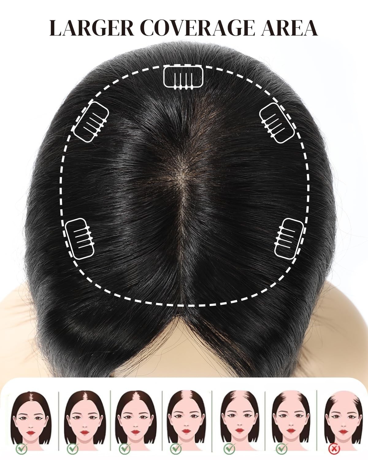 16in Human Hair Topper for Women 7.5×7.5in Injected Silk Base 130% Density #1B