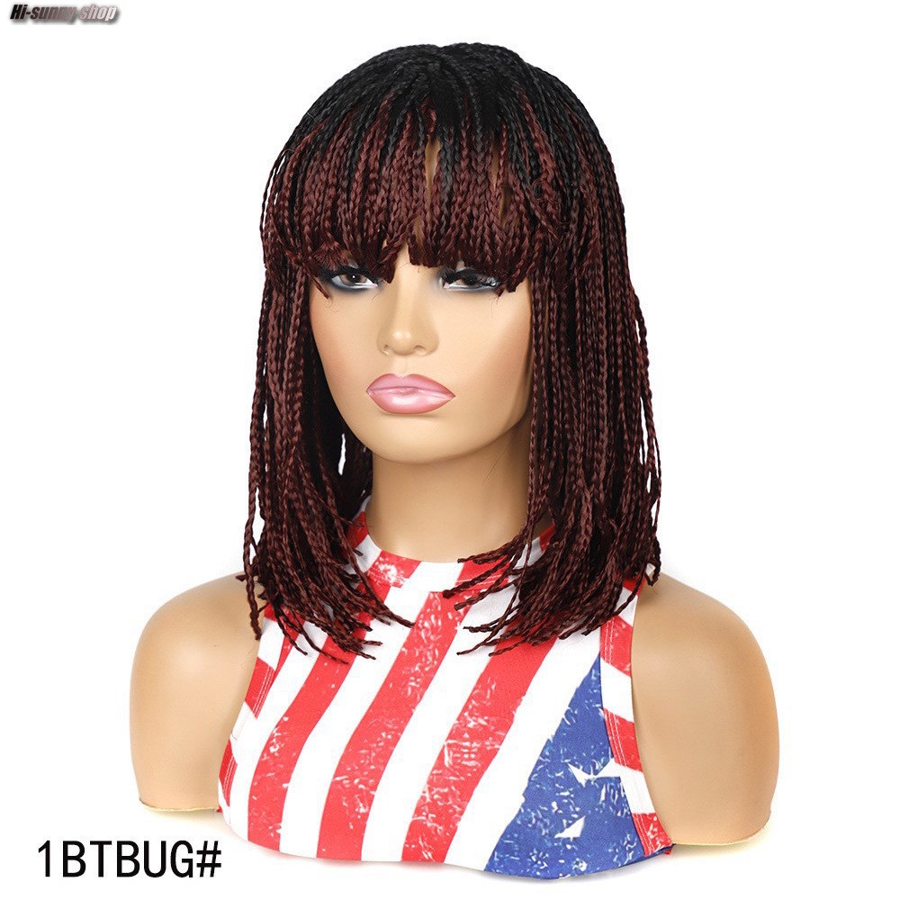14″ Short BOB Box Braids Wigs for Black Women Synthetic Braiding Wigs Neat Bangs