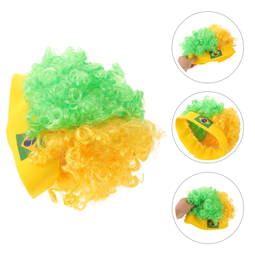 Short Curly Afro Wig: Fluffy Clown Hair Brazil Flag Color Hairy Headband Sports