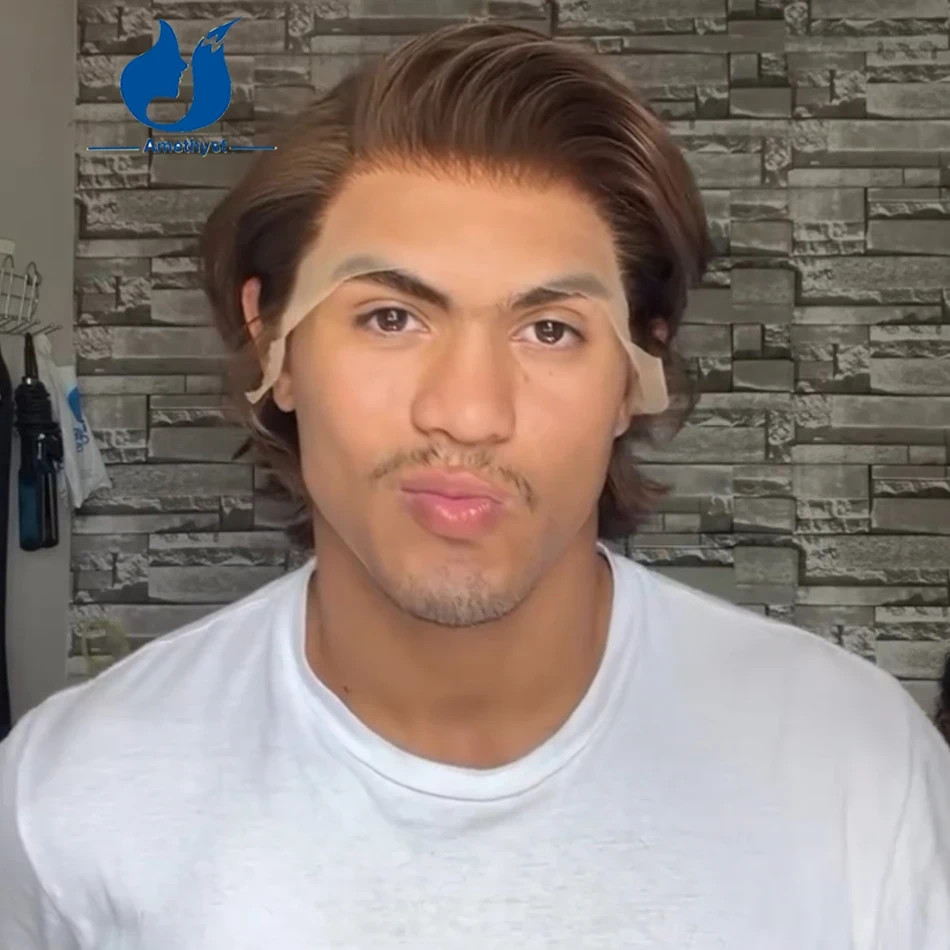 Medium Brown Wave Short Pixie Cut Bob Wig for Men Prestyled Full Lace Male Wigs