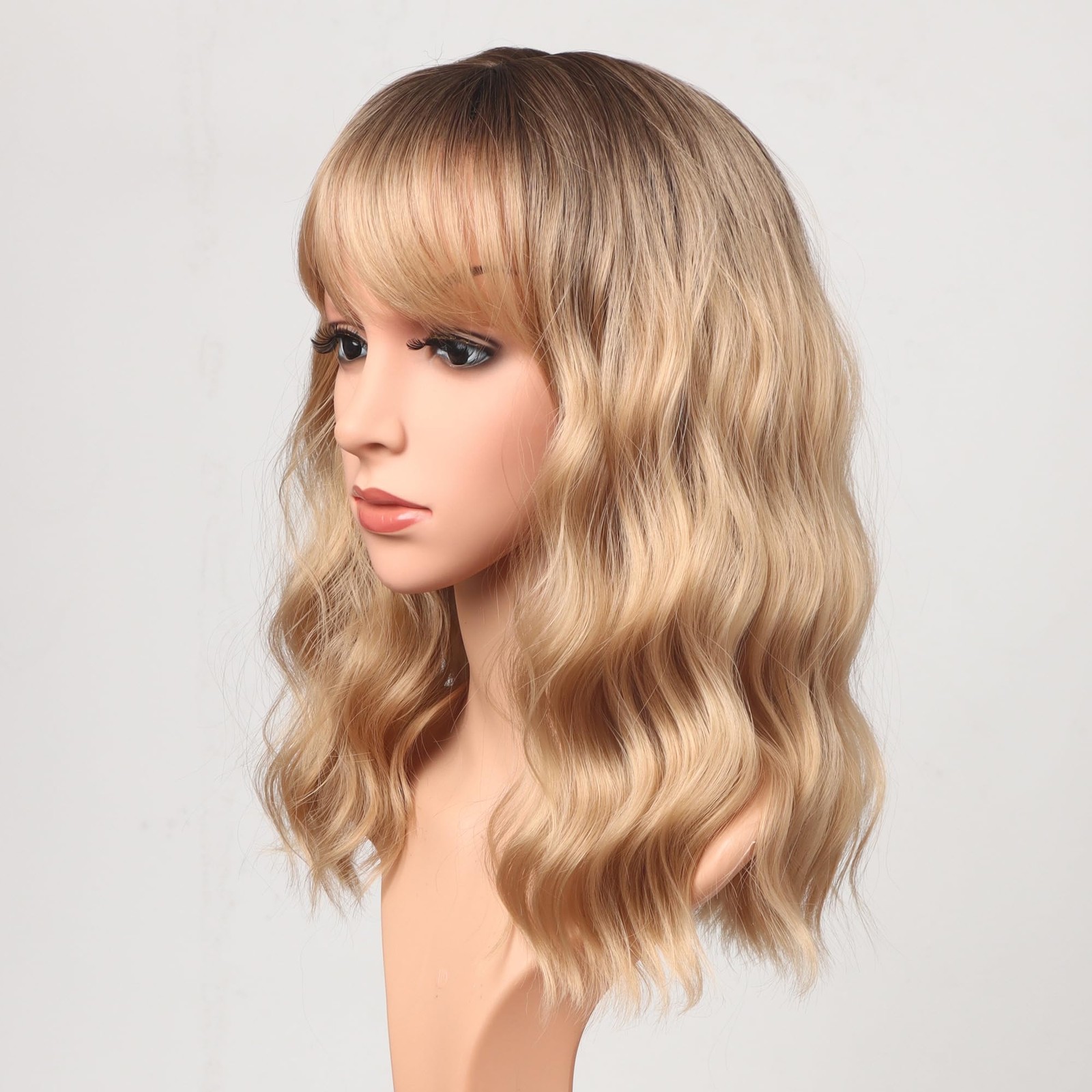 Blonde Wavy Wig with Bangs for Women Shoulder Length Synthetic Wigs Natural W…