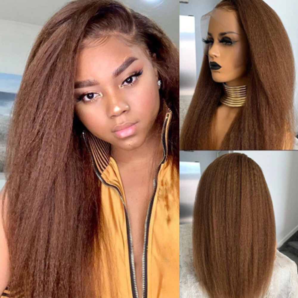 Kinky Straight Chocolate Brown Human Hair Wigs 200% Density 360 Lace Frontal Wig