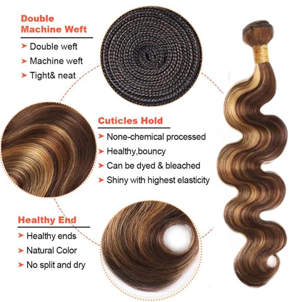 Brown Highlight Blonde Human Hair Bundles 18 20 22 Inch Body Wave 3 Bundles