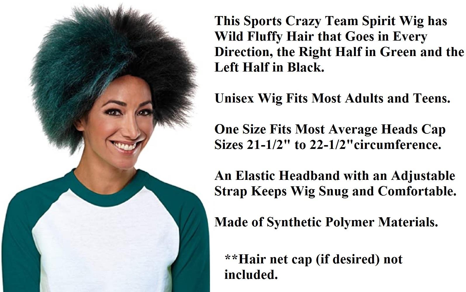 Green & Black 2-Tone Sports Fan Wig Team Spirit Unisex Crazy Hair Adult Costume