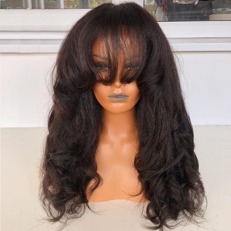 Yaki Wavy Full Machine Made O Scalp Top Human Hair Wig With Bangs Brazilian Remy