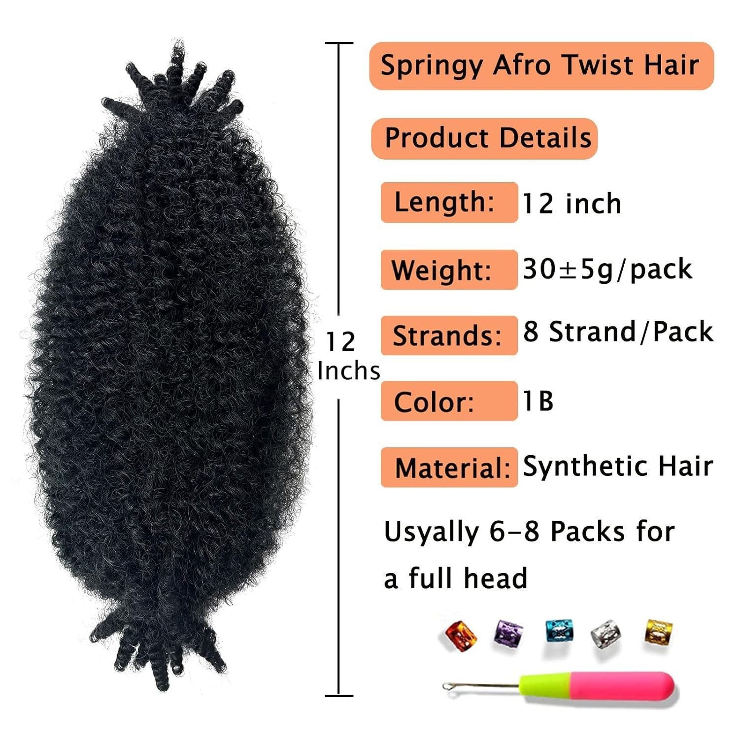 3 Pack Soft 12 Inch Springy Afro Twist Hair – Natural Black, Effortless Styles