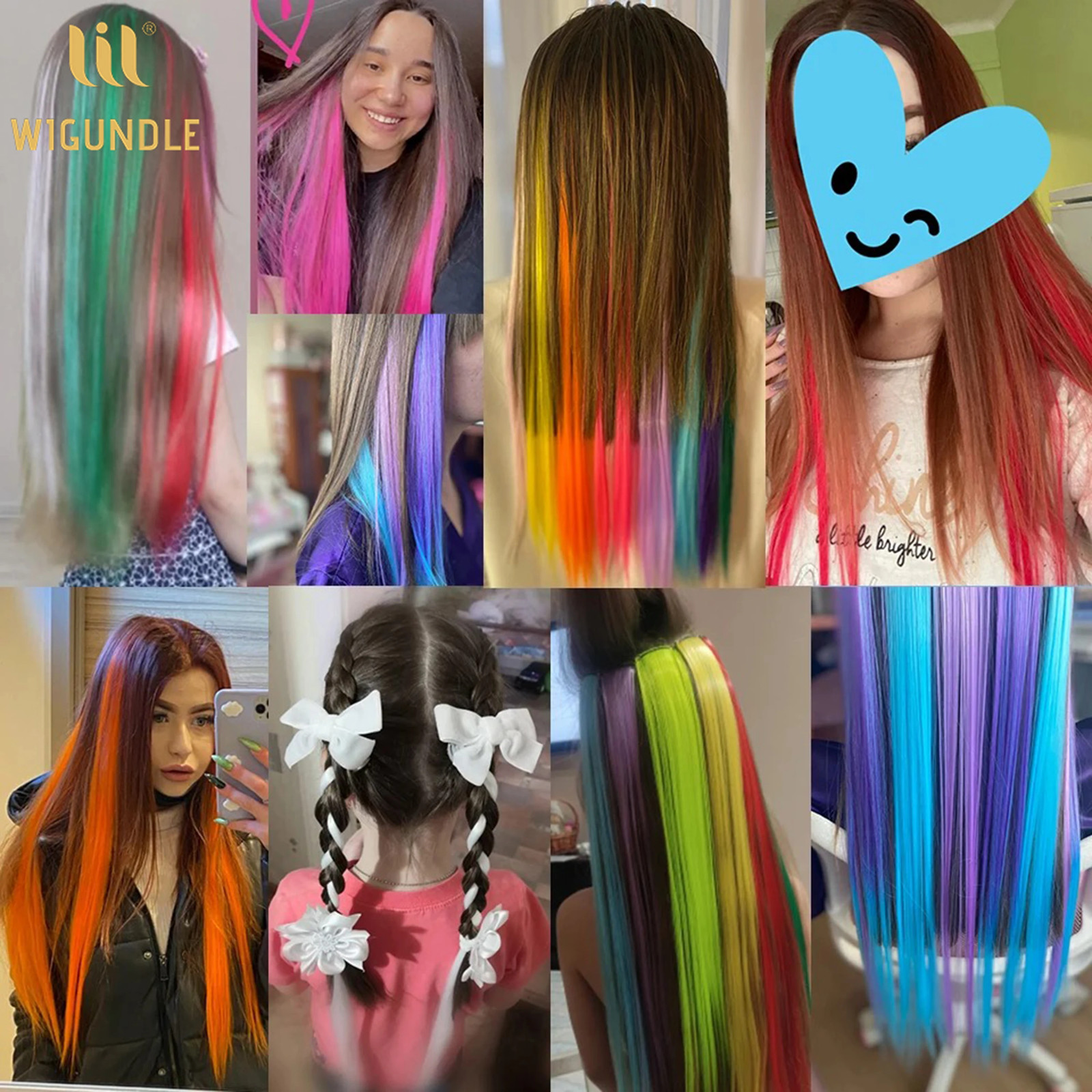 22Inch Synthetic Clip In Hair Extensions Straight Rainbow Colors High Temp