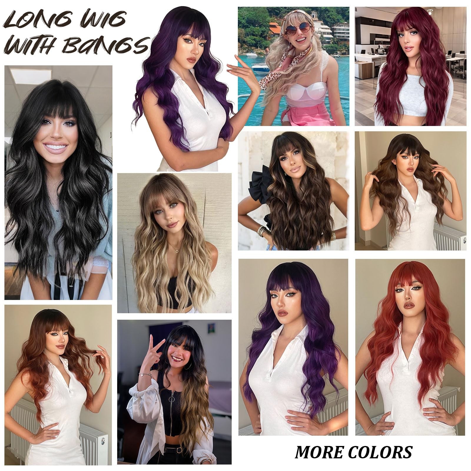 Purple Wig With Bangs Black and Purple Wigs for Women Long Curly Wavy Wig wit…