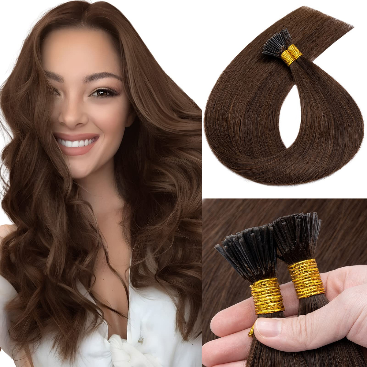 My-Lady I Tip Hair Extensions Human Hair 100 Strands 18 Inch Medium Brown Pre