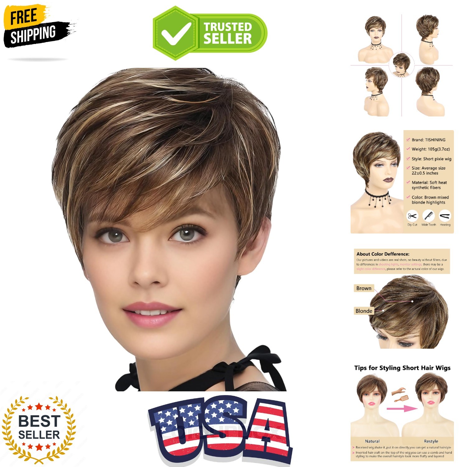 Pixie Cut Brown Short Hair Wigs for White Women with Bangs Brown Mixed Blonde…