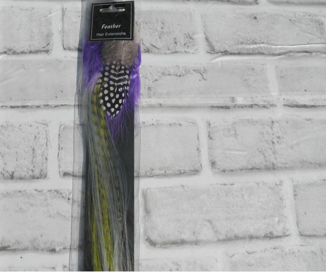 NEW SYNTHETIC FEATHER HAIR EXTENSION (PURPLE,YELLOW,GRAY,BLK/WHITE) 15″ LONG #14