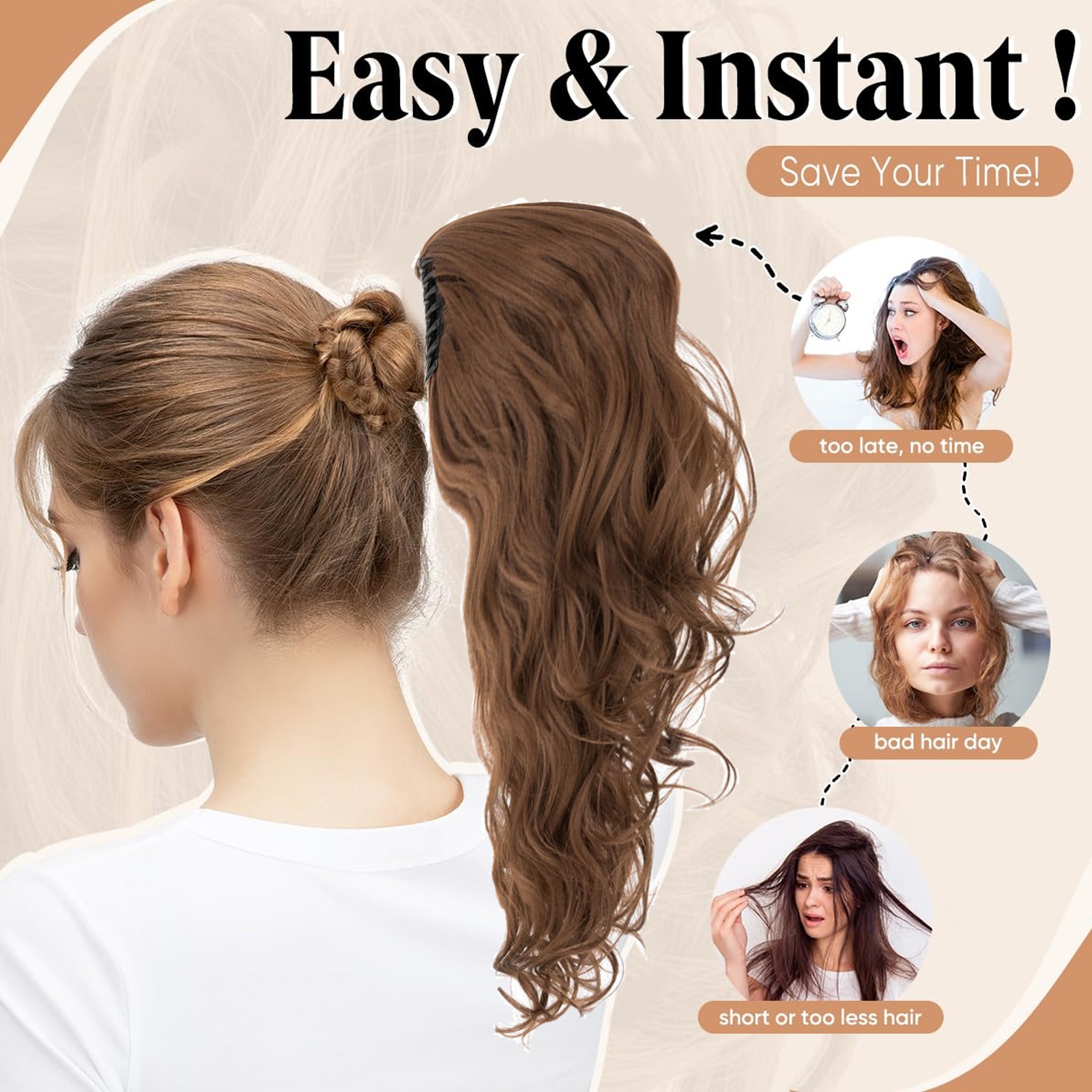 Claw Clip Hair Extensions Ponytail Long Wavy Natural Looking Synthetic Hairpiece