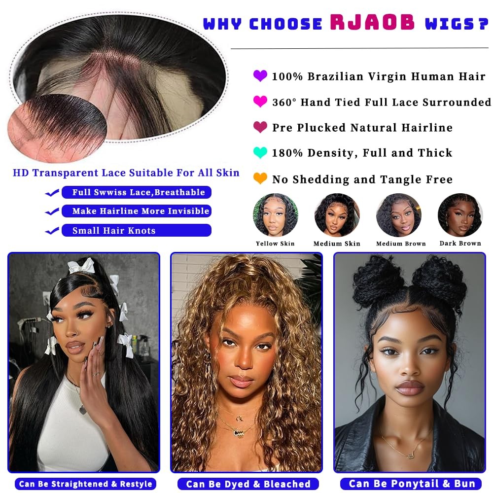 RJAOB Deep Wave 360 Lace Front Wig Human Hair 28″ Invisi Strap HD Full Lace