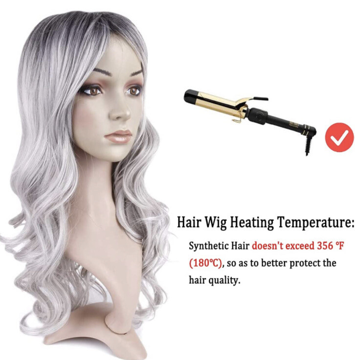 Queentas-Silver Gray Ombre Long Wavy CurlyWig WomenSynthetic Hair PU 20” 1B Gray