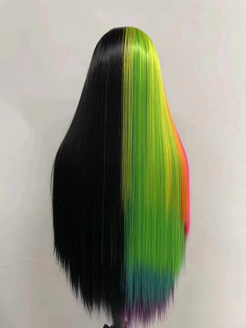 Half and Half Rainbow Black Synthetic wig Lace Front Long Straight Hair Heat OK