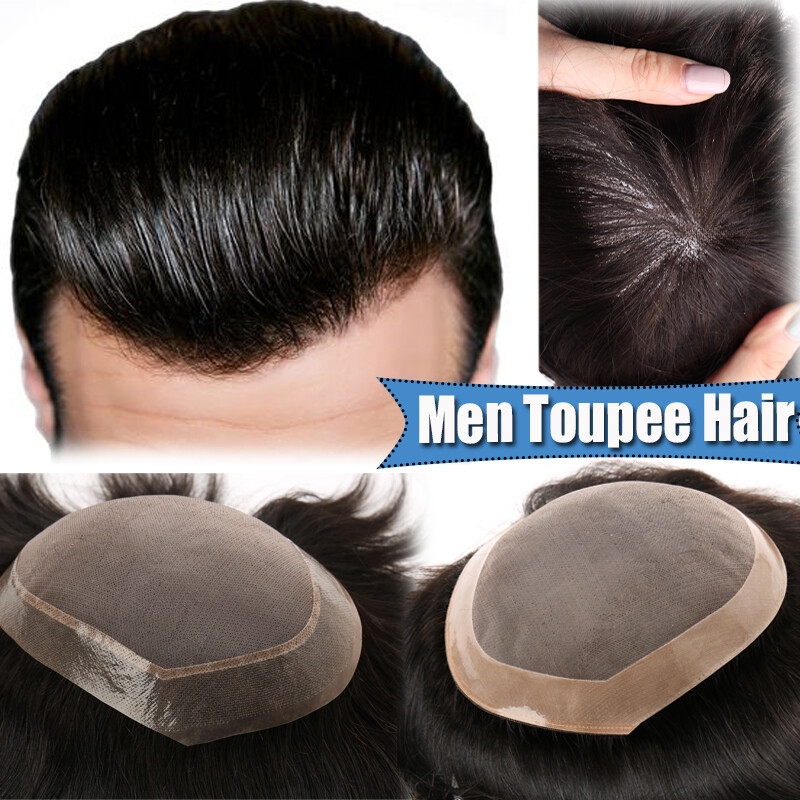 Men’s Toupee Human Hair Replacement System Fine Mono Lace Poly Skin PU Hairpiece