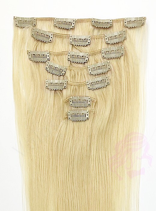 100% Natural Human Hair Extensions Clip In 15″ 7pcs 70g, Light Blonde #613