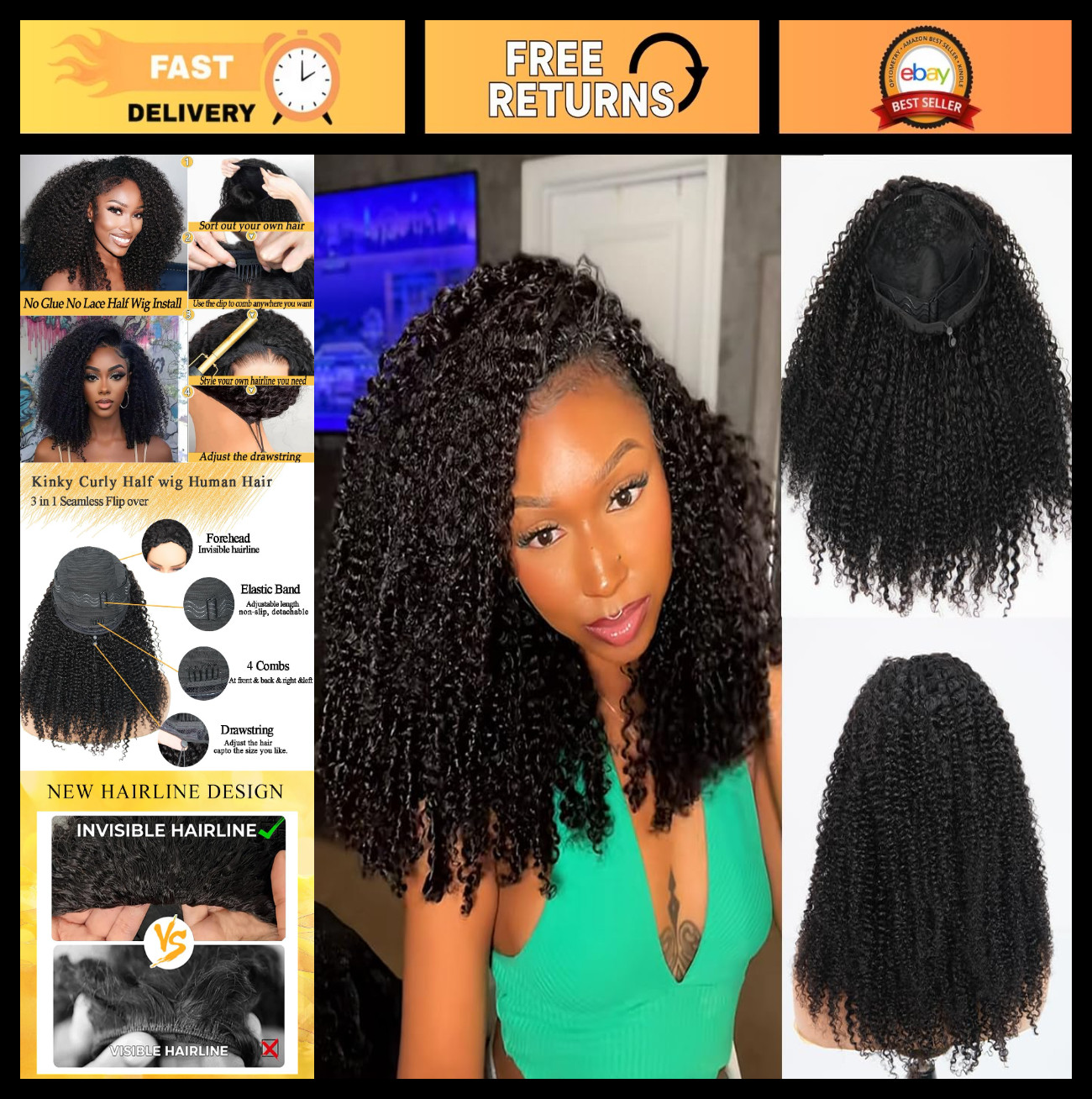 20″ Kinky Curly Half Wig – 200% Density, Glueless, Drawstring, Seamless Headband