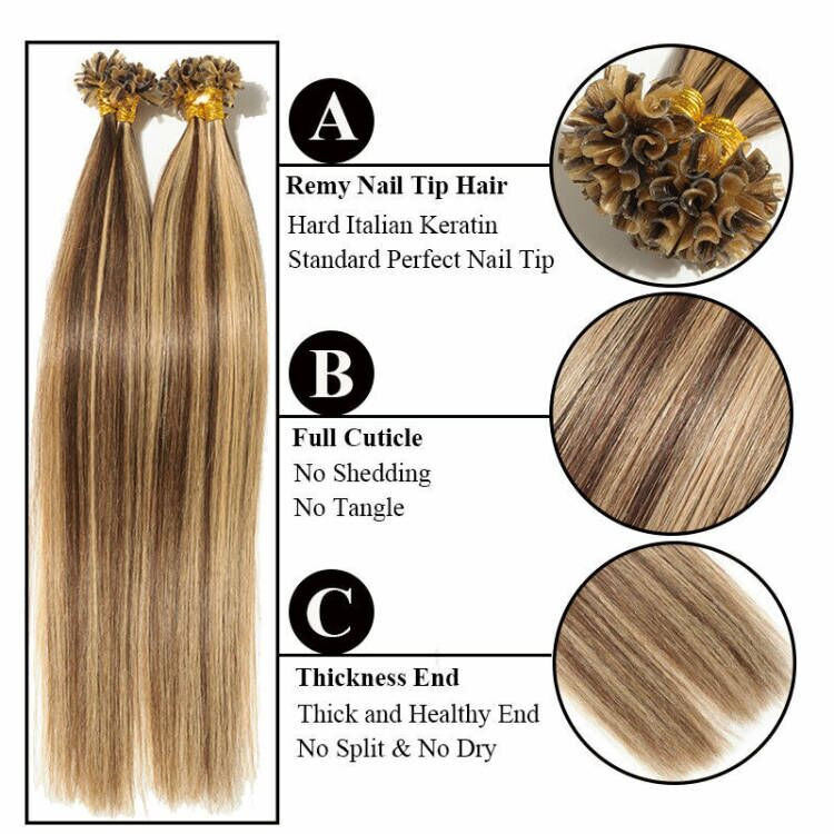 Remy Human Hair Extensions 100S Pre Bonded Nail Keratin U Tip Glue Hair 1g 0.5g