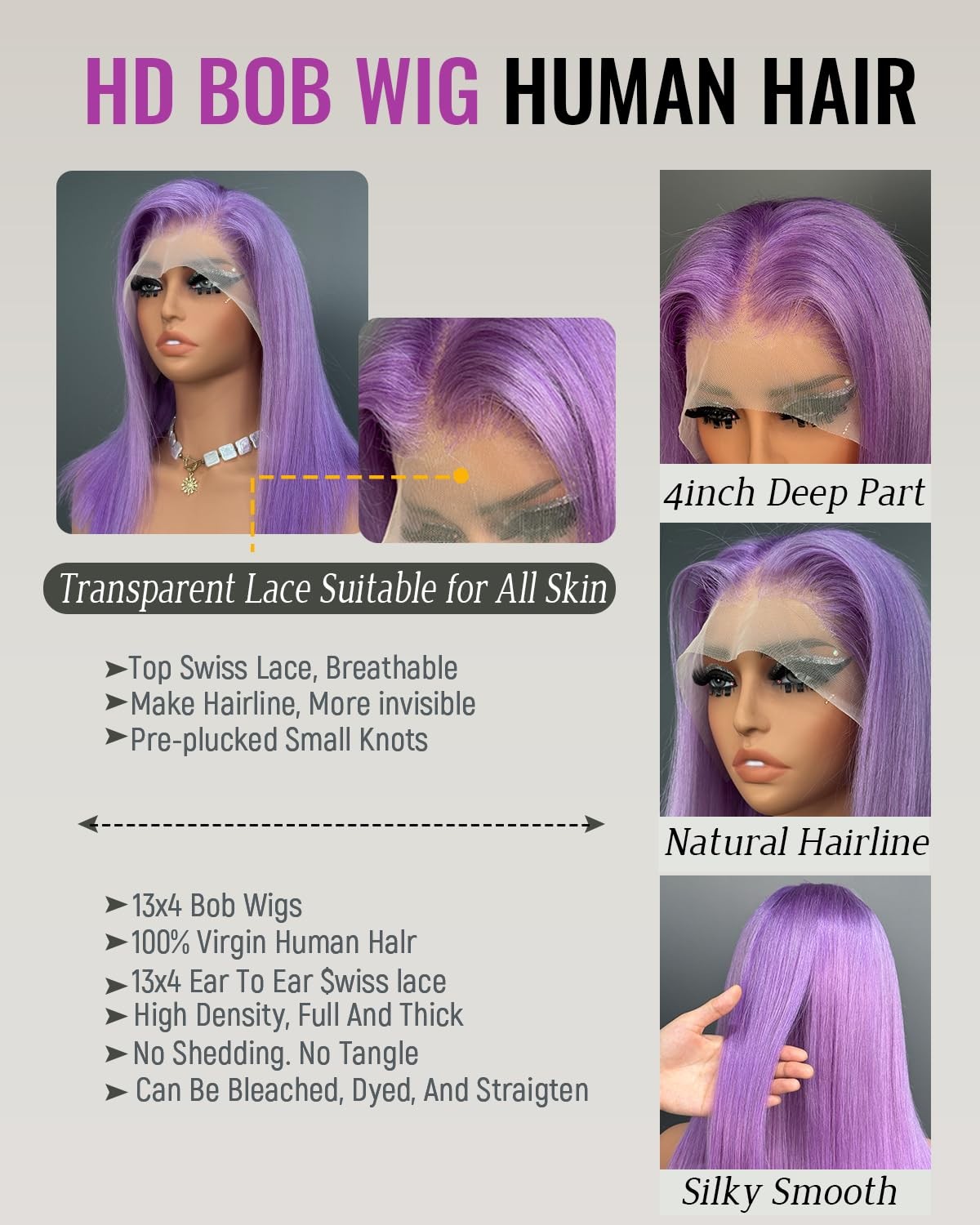 Sherico Lilac Bob Wig Human Hair 13X4 Hd Transparent Lilac Short Bob Lace Front