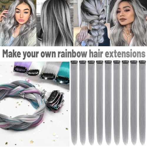 22 inch Colored Hair Extensions Straight Hairpiece, Multi-colors Party Gray