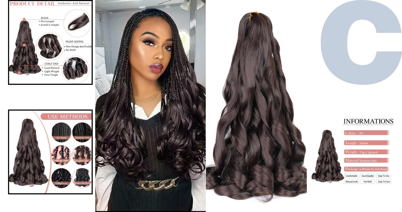 Curly 24-Inch Braiding Hair Extensions – 2 Packs of Tangle-Free French Curl Hair