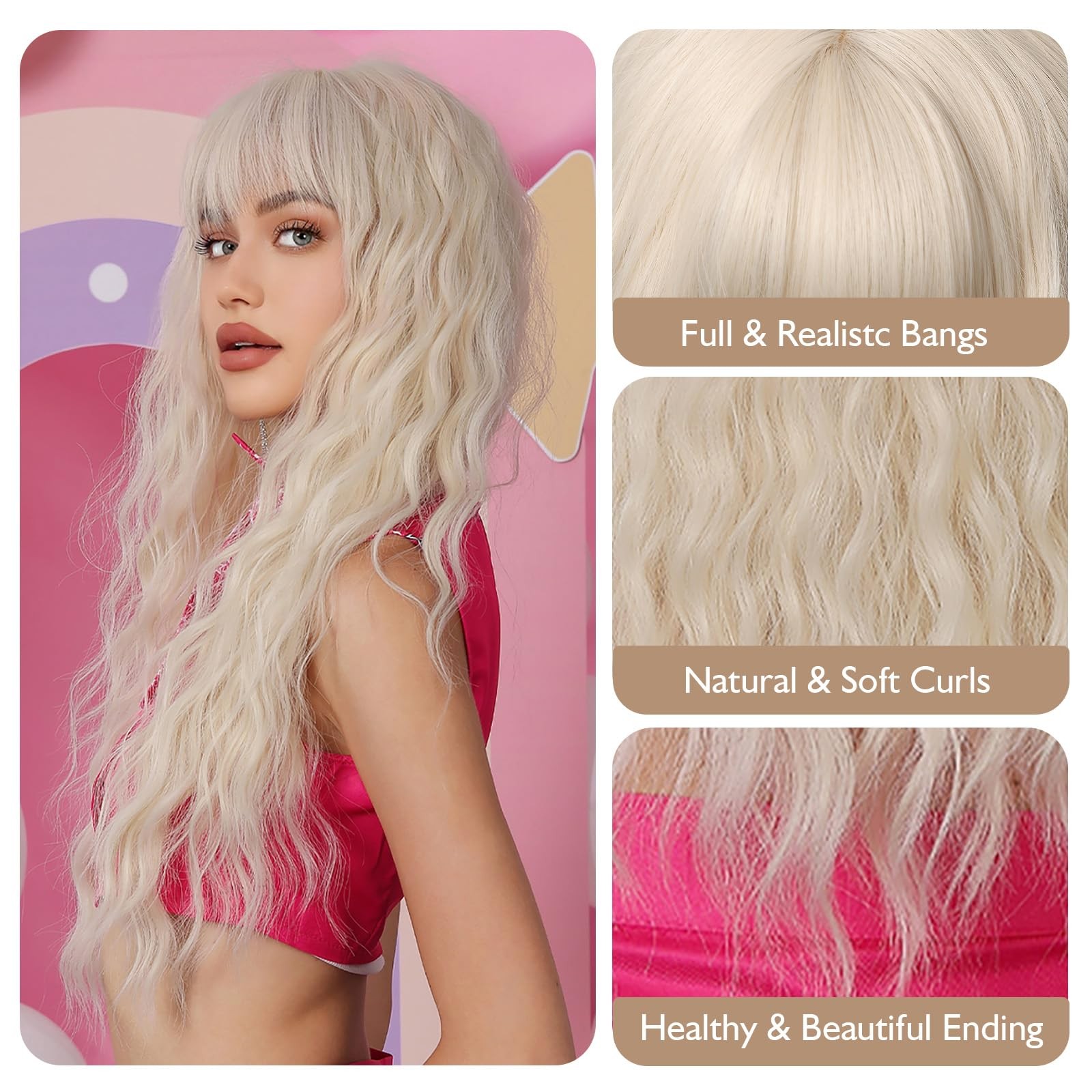 Platinum Wigs for Women Long Platinum Blonde Curly Wigs With Bangs Heat Resis…