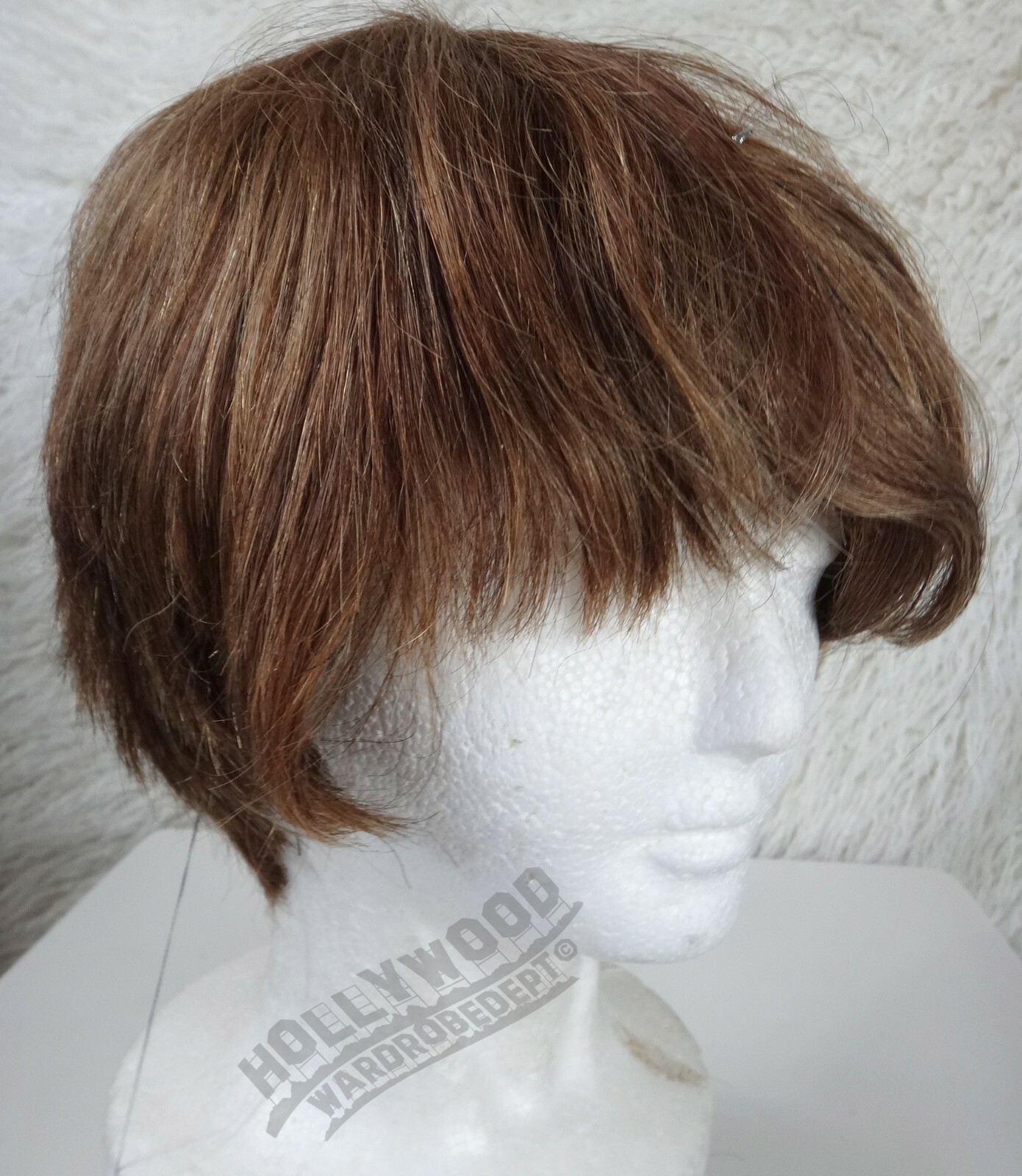 100% HUMAN Hair full wig medium Brown emo short asymmetrical wavy comb forward