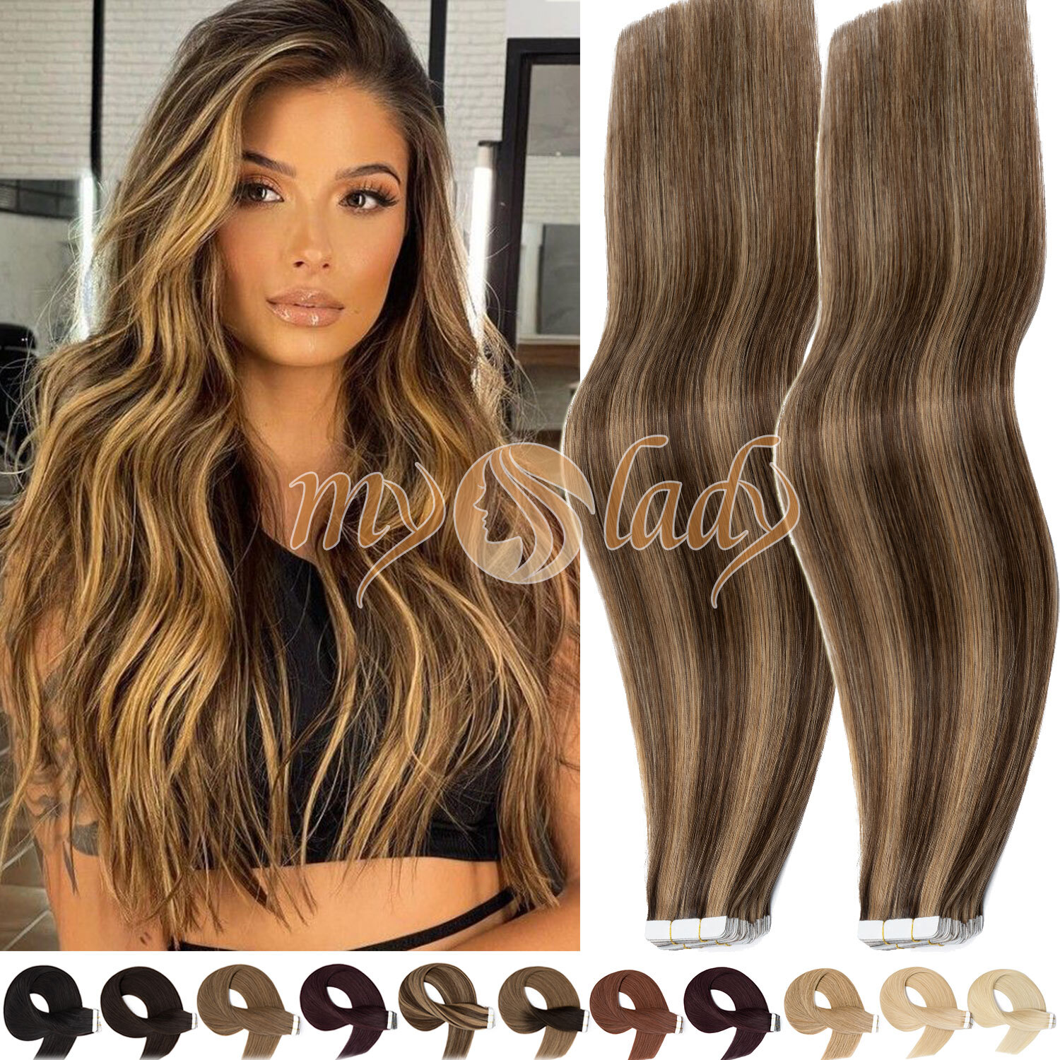 Thick 10-80PCS Tape In Remy Human Hair Extensions Skin Weft Full Head #Highlight