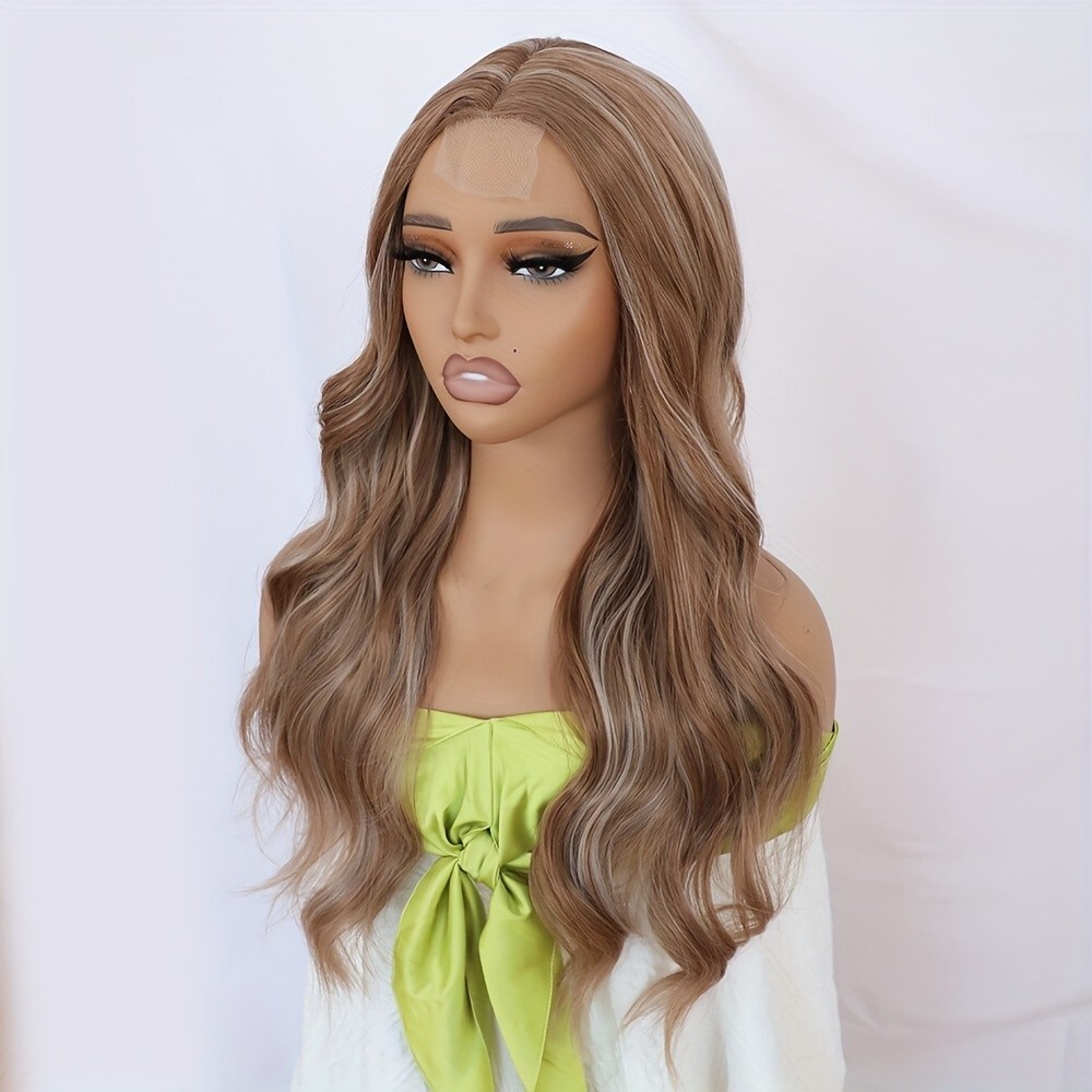 Ombre Brown Blonde Highlights Mixed Color Synthetic Wigs Middle Part Pre Plucked