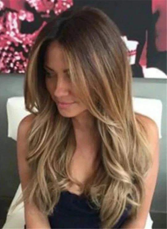 Human Hair New Fashion Gorgeous Women’s Long Brown Mix Blond Wavy Wig 22 In