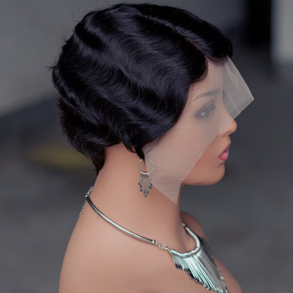 Black Short Finger Wave Wig 100% Human Hair Wig Lace Front Remy Glueless Natural