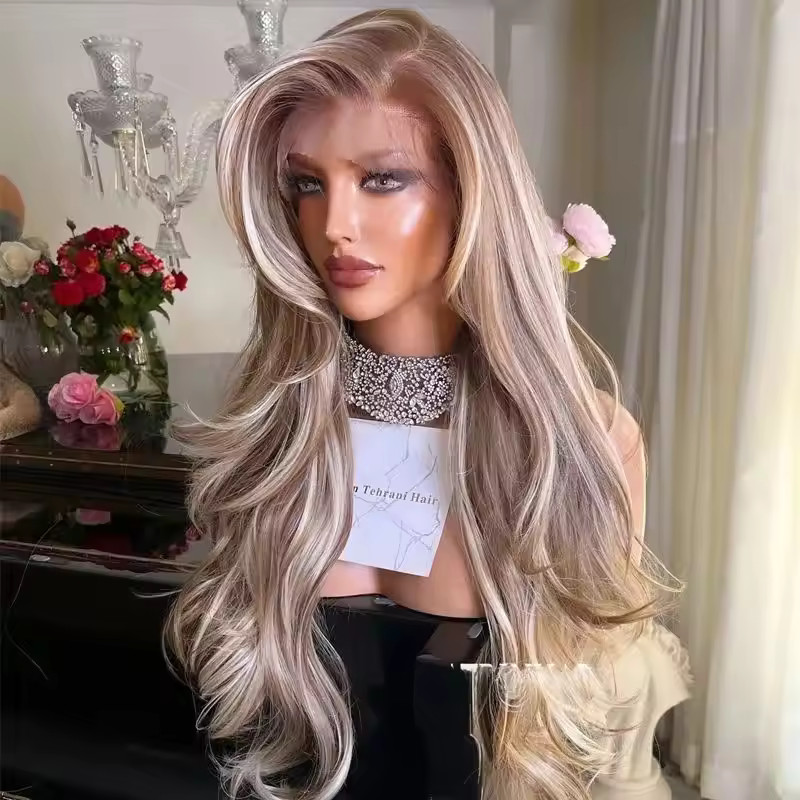 Balayage Ombre Ash Blonde Brown Highlight Full Lace Front 100% Human Hair Wigs