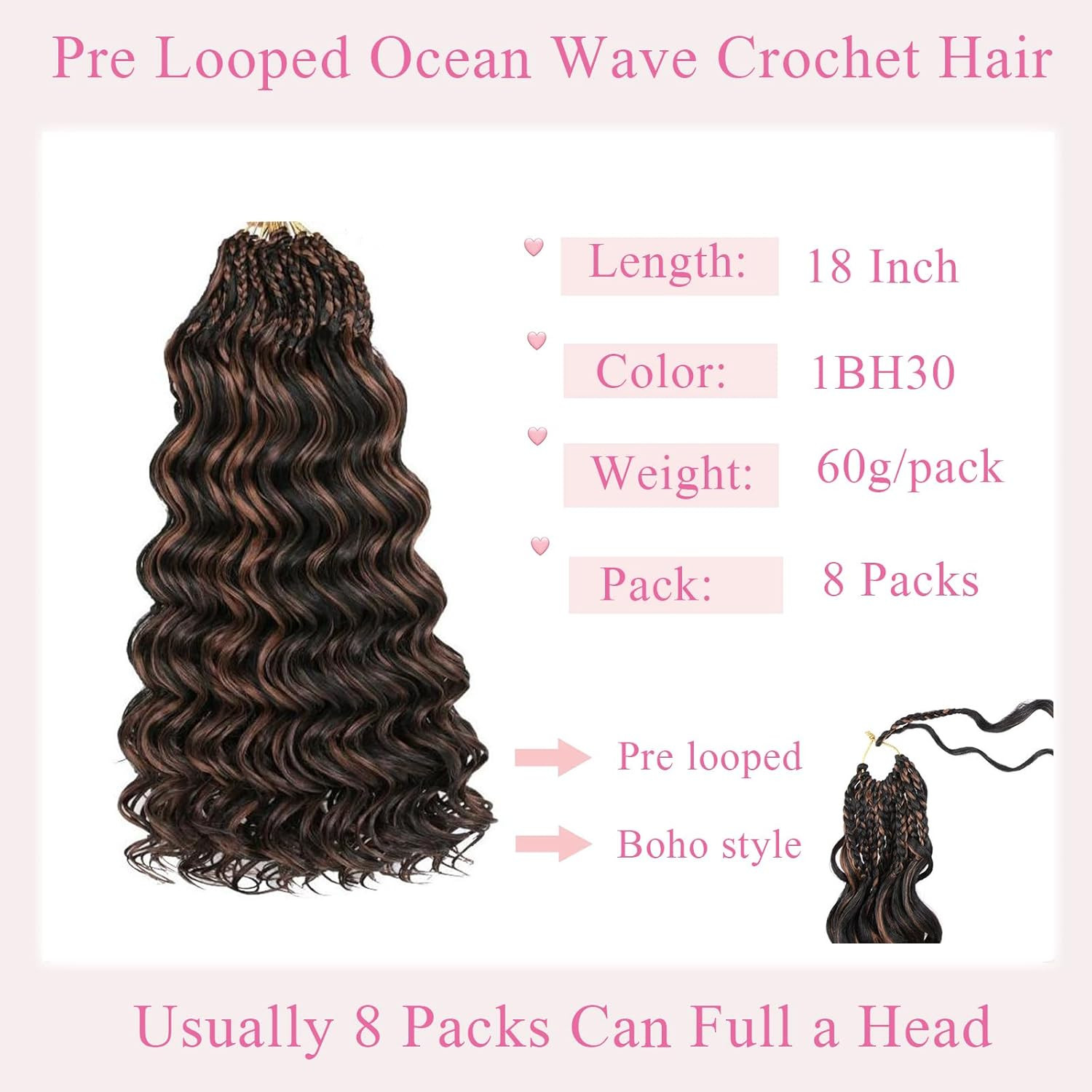 8 Packs Pre Looped Ocean Wave Crochet Hair 18 Inch Synthetic Braids Black Mix…
