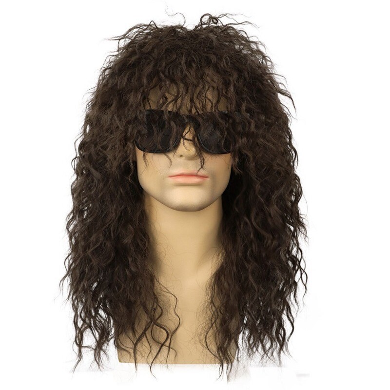 Men’s White Wig Man’s Long Curly Wavy Black Synthetic Full Wig+Wig Cap