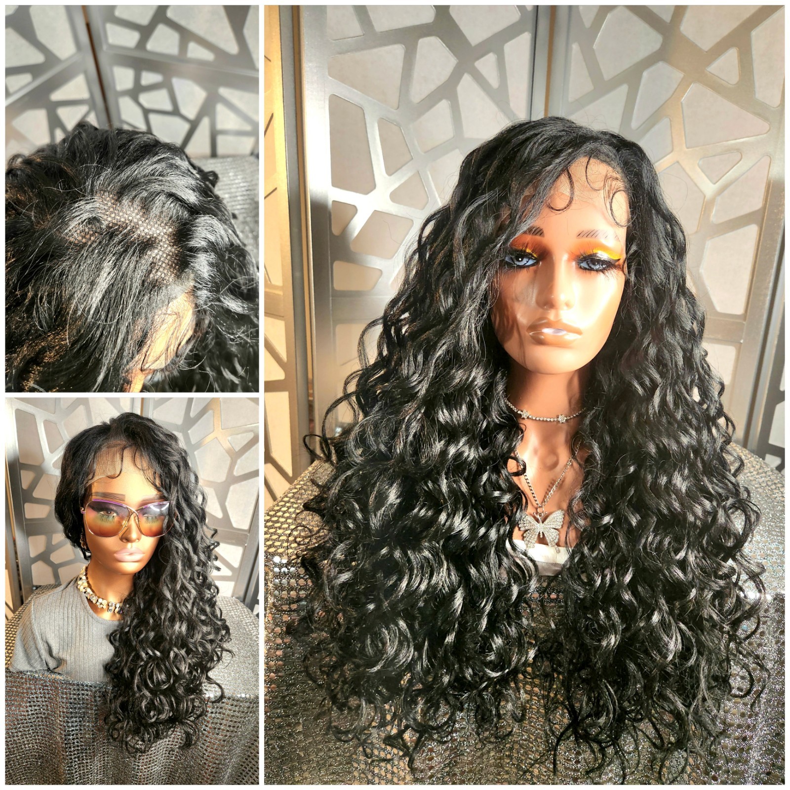 Long Curly Black Wig Freepart 13×6 Lace Black Wavy Wig High Ponytail or Bun Heat
