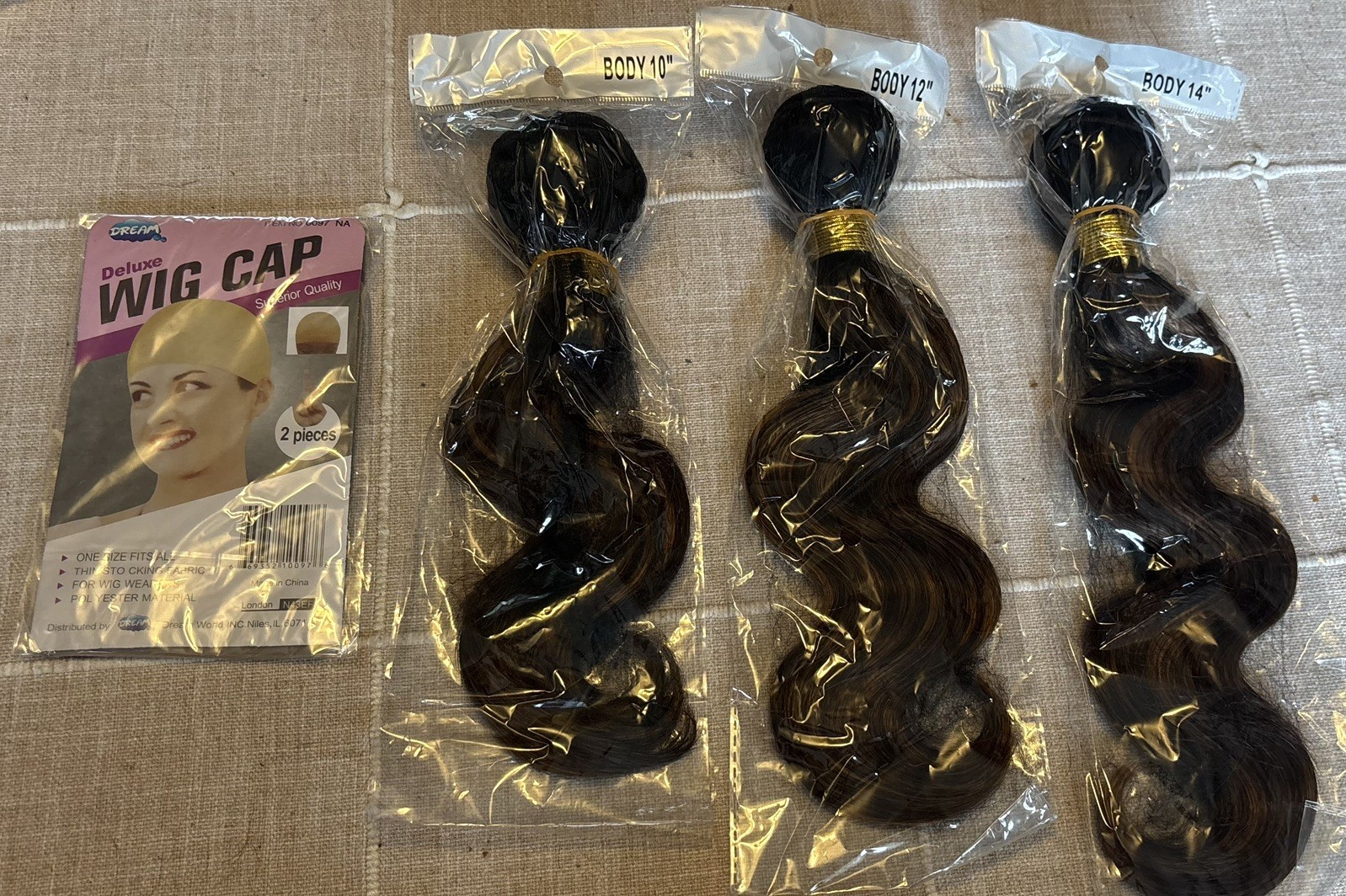 100% Hair Ext. Body Wave. 10” 12” 14” 3 Bundles + 2 pack deluxe wig cap