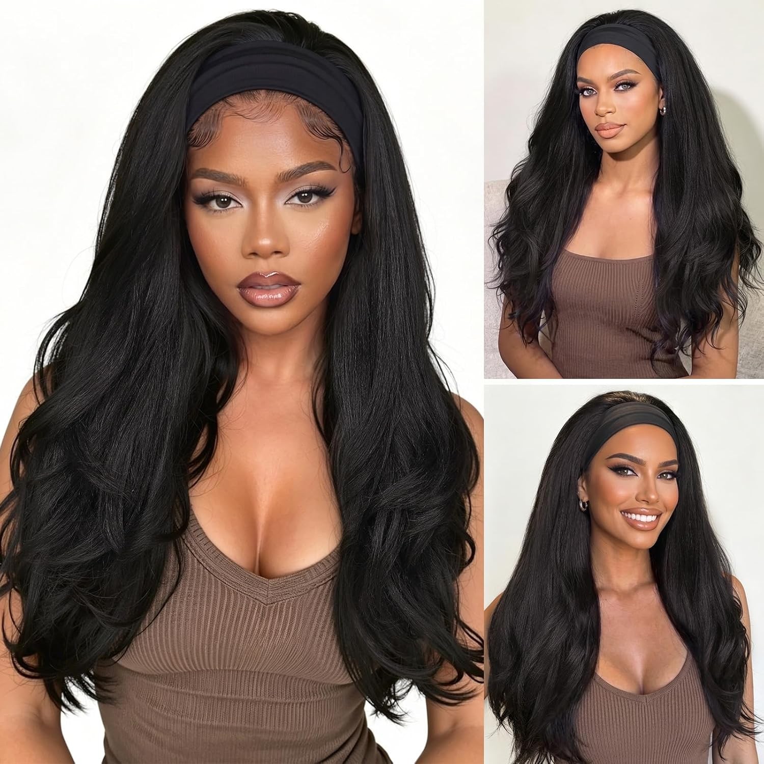 WIGNEE Yaki Curly Headband Wig Synthetic Layered Kinky Straight Half Wig Wear an