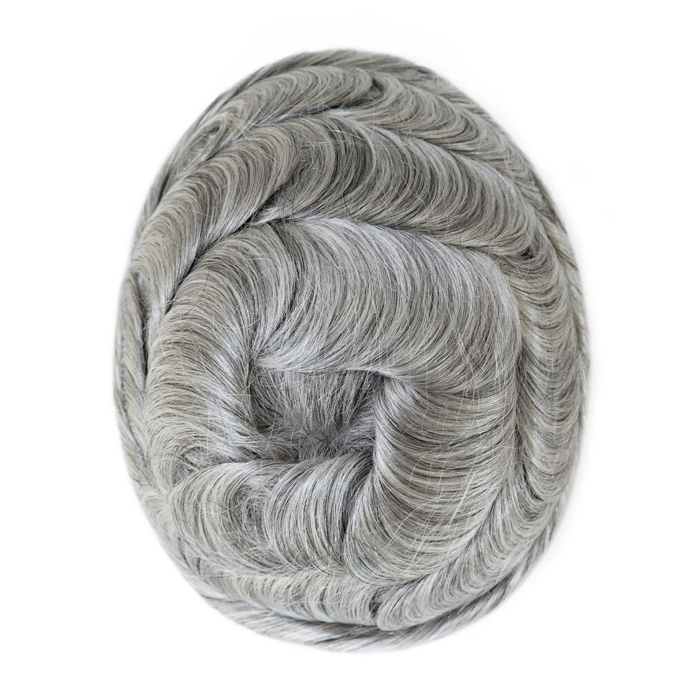 Mens Human Hair Replacement System Injection Skin Toupee Grey Hair Piece#1B80
