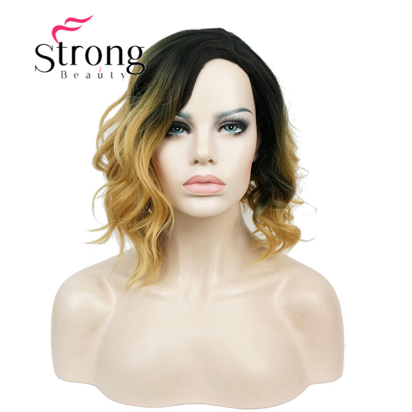 Short Black/Brown Ombre Bob, Side Part, No Bangs Full Synthetic Wigs for Women
