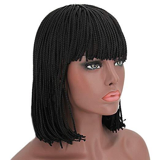 Braided Black Short Bob with Bangs Box Braid Synthetic Hair Wigs for Black Women