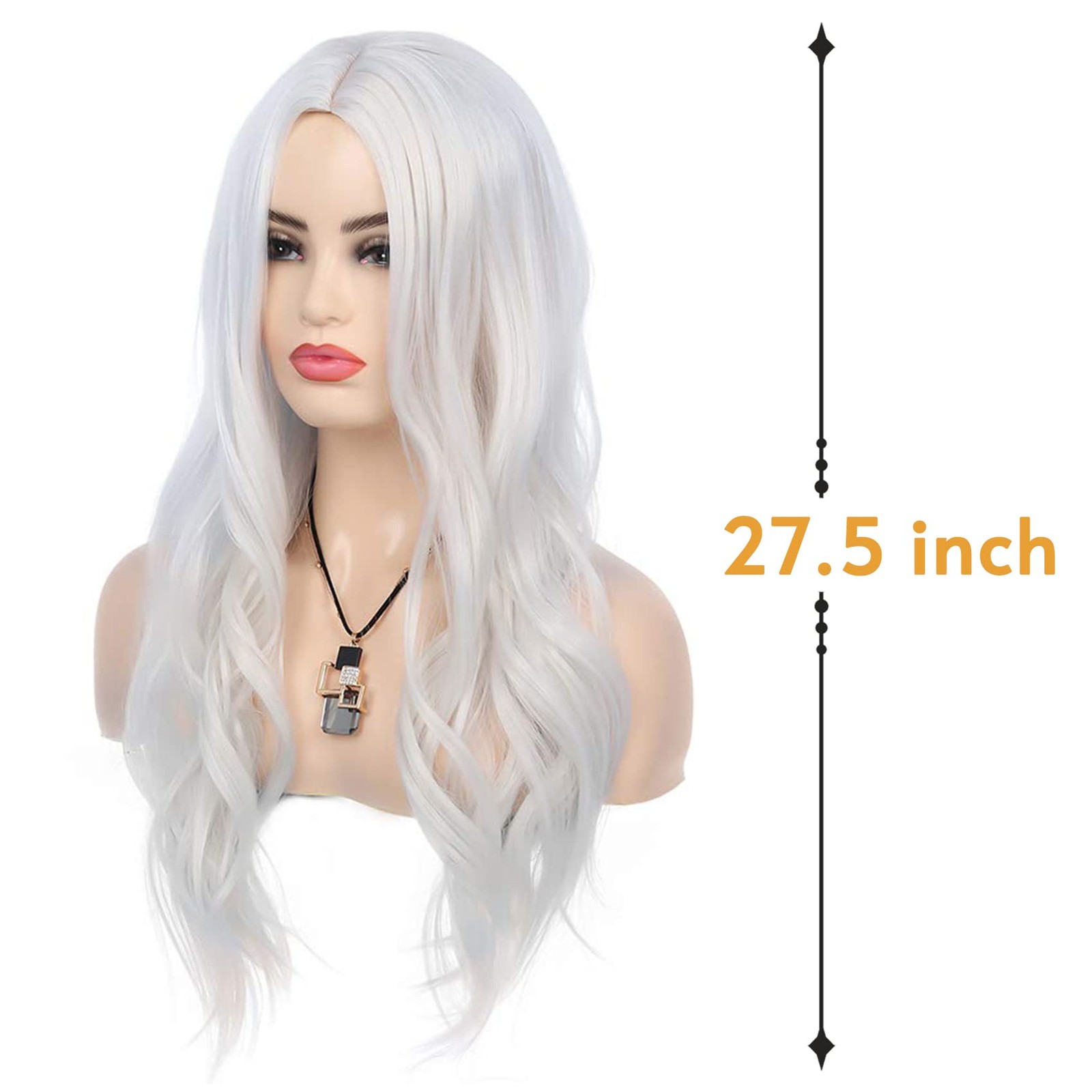 Long Curly Wavy White Wig Middle Part Cosplay Wig Synthetic Heat Resistant Co…