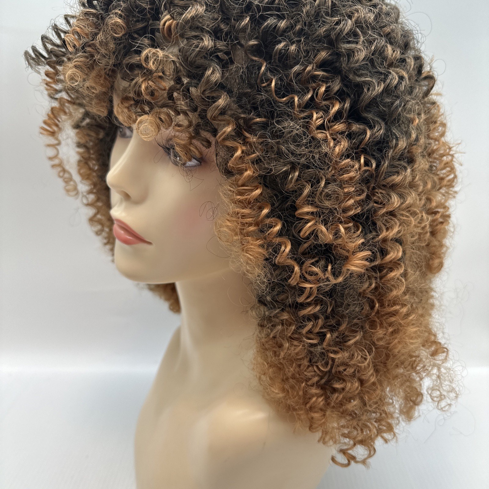 Ombre Brown 12 Inch Afro Kinky Curly Synthetic Wig with Bangs Wear and Go {19}