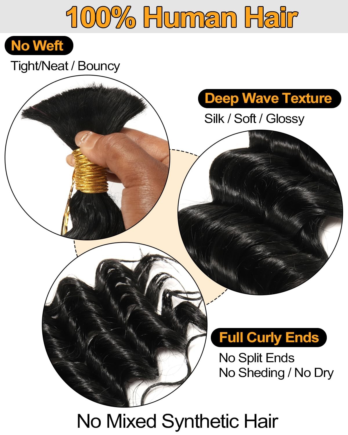 BEEOS #1 Jet Black Boho Hair for Braiding, Deep Wave Bulk Human Hair for Knotles